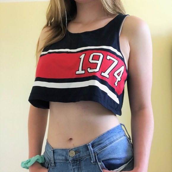Navy, red, and white striped graphic 1974 crop top - Picture 2 of 7
